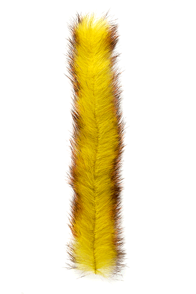 Yellow and brown mottled MFC Bunny Brush fishing lure with soft, furry texture designed for musky tackle and fly fishing.