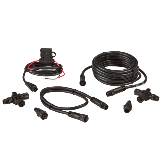 Lowrance NMEA 2000 Starter Kit 000-0124-69 featuring black waterproof cables, connectors, and adapter components designed for marine electronics integration.