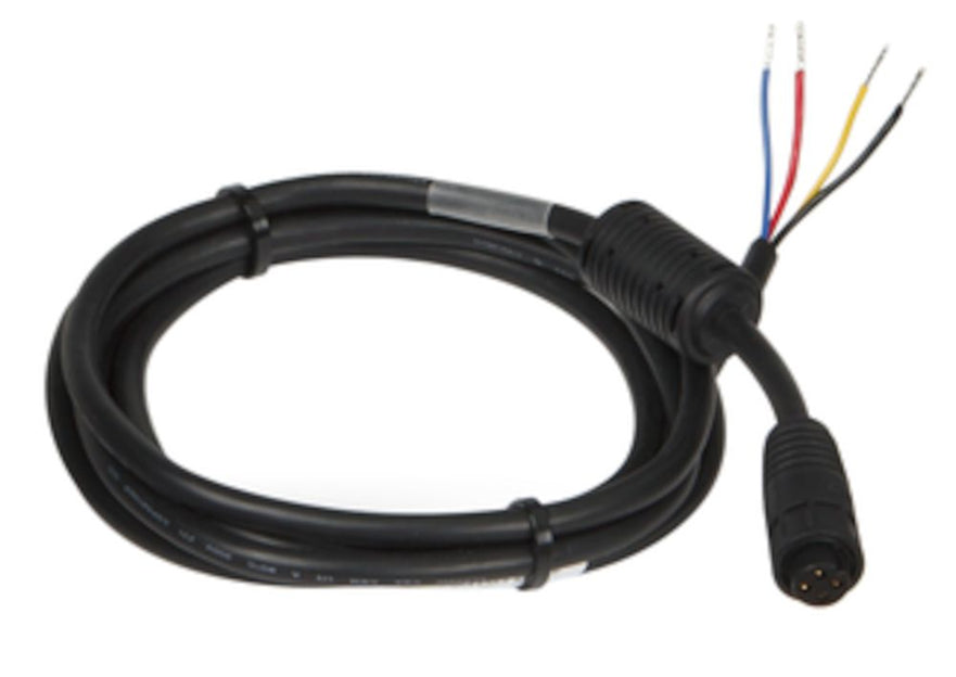 Lowrance Power cable 4 pin kit 000-0127-54 featuring a coiled black cable with a 4-pin connector on one end and four exposed color-coded wires on the other for marine electronics.