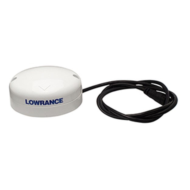 Lowrance Point-1 GPS Antenna 000-11047-002 in white with blue branding, featuring a round compact design and attached black cable, used for marine electronics and fishing navigation.