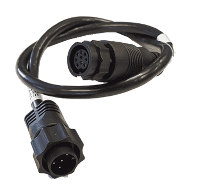 Lowrance 9 Pin Black Transducer To 7 Pin Blue Adapter 000-12571-001, a flexible black cable with circular multi-pin connectors designed for marine electronics and fishing tackle integration.