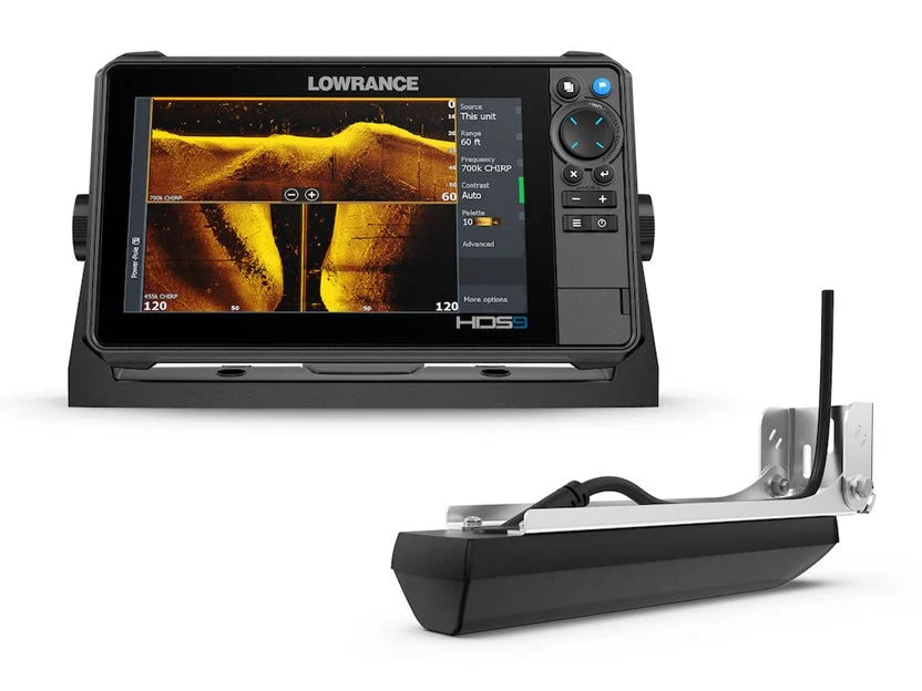 Lowrance HDS PRO 9 marine electronics device with high-resolution color display showing underwater sonar imaging, alongside a transducer unit for fishing navigation.