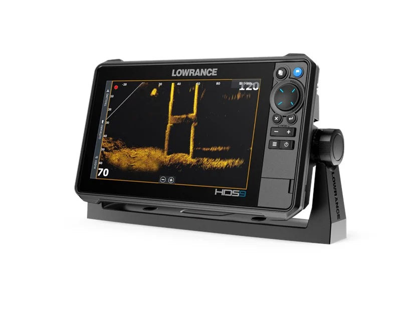 Lowrance HDS PRO 9 marine electronics device with a widescreen display showing sonar imaging, featuring control buttons and a mounted bracket for fishing tackle and navigation.