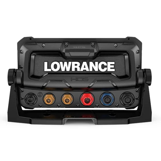 Rear view of the Lowrance HDS PRO 9 marine electronics device showing multiple color-coded connection ports designed for fishing tackle and marine electronics integration.