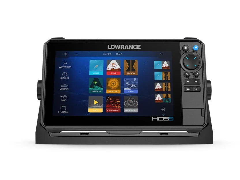 Lowrance HDS PRO 9 marine electronics device with a full-color touchscreen display and control buttons designed for fishing navigation and sonar imaging.