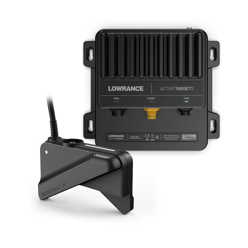 Lowrance Active Target 2XL PN:000-16488-001, a black marine electronics device with a vibration-damping sensor and a compact control unit featuring multiple ports and LED indicators.