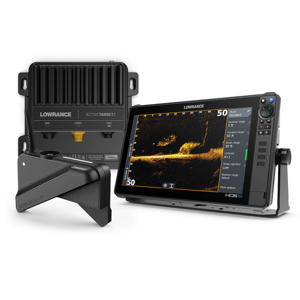 Lowrance Active Target 2XL PN:000-16488-001 fishing electronics system including a high-resolution sonar display, transducer, and control unit designed for real-time underwater imaging.