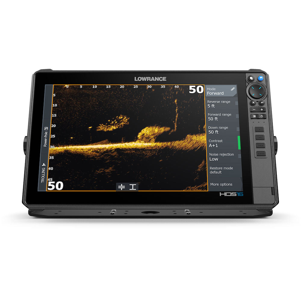 Lowrance Active Target 2XL PN:000-16488-001 sonar fish finder display showing underwater structures and fish, designed for precision fishing with customizable settings and controls.