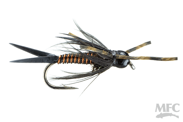 Close-up of Trina's Montana Prince fishing lure featuring black and copper body with detailed ribbing, realistic feather wings, and a sharp hook for musky fishing tackle.