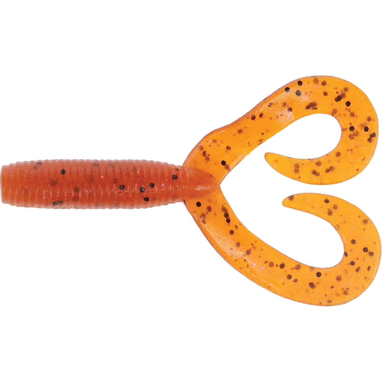 Yamamoto Double Tail Grub fishing lure in translucent orange with dark speckles, featuring a ribbed body and two curled tails designed for realistic water movement.