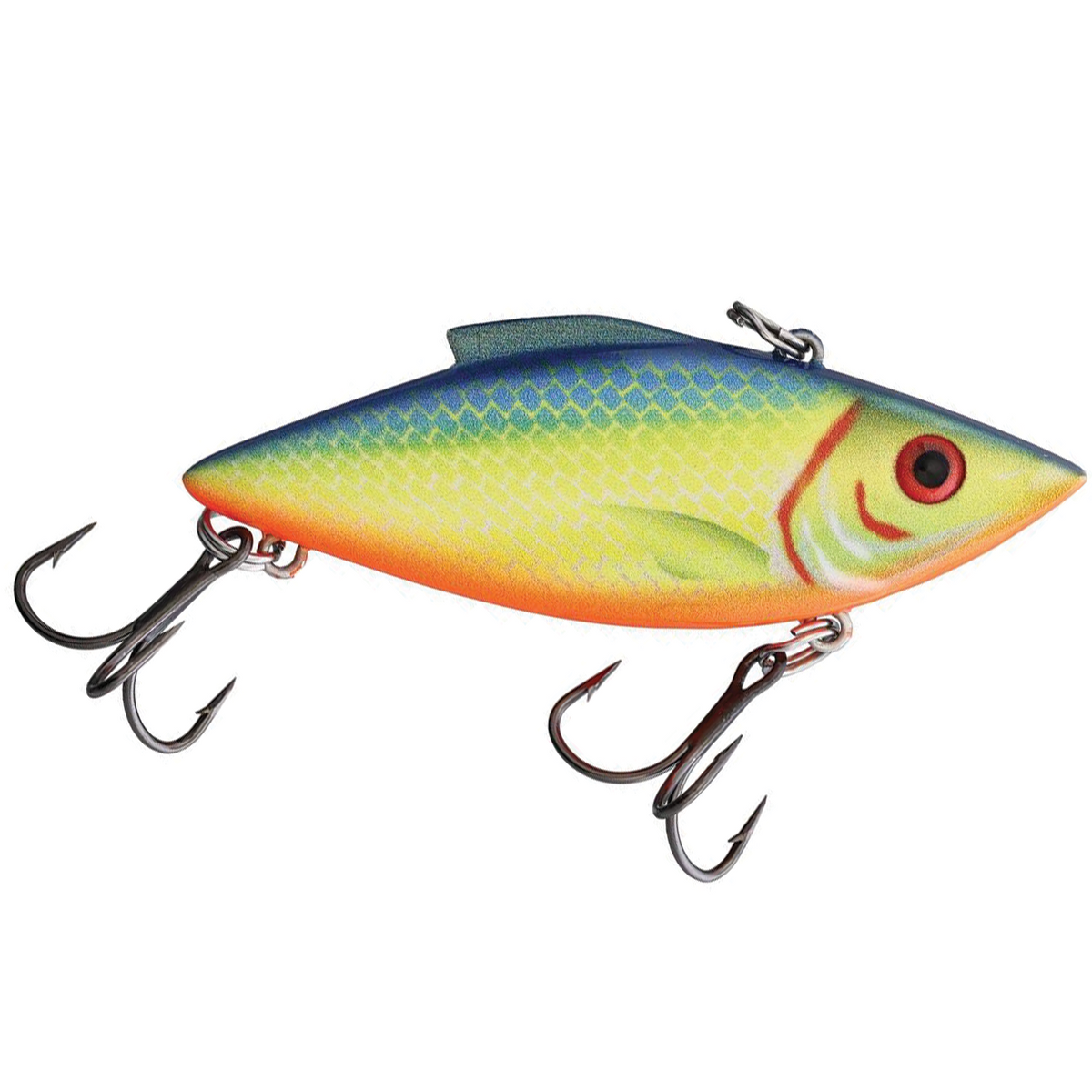 Bill Lewis Rat-L-Trap - Standard fishing lure designed with vibrant green, yellow, and orange colors, featuring two treble hooks for effective fishing tackle use.