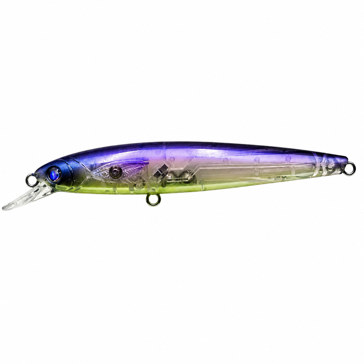 Madotachi Hanitas SF Minnow fishing lure with a translucent body featuring purple and green hues, designed for attracting muskies and enhancing fishing tackle collections.