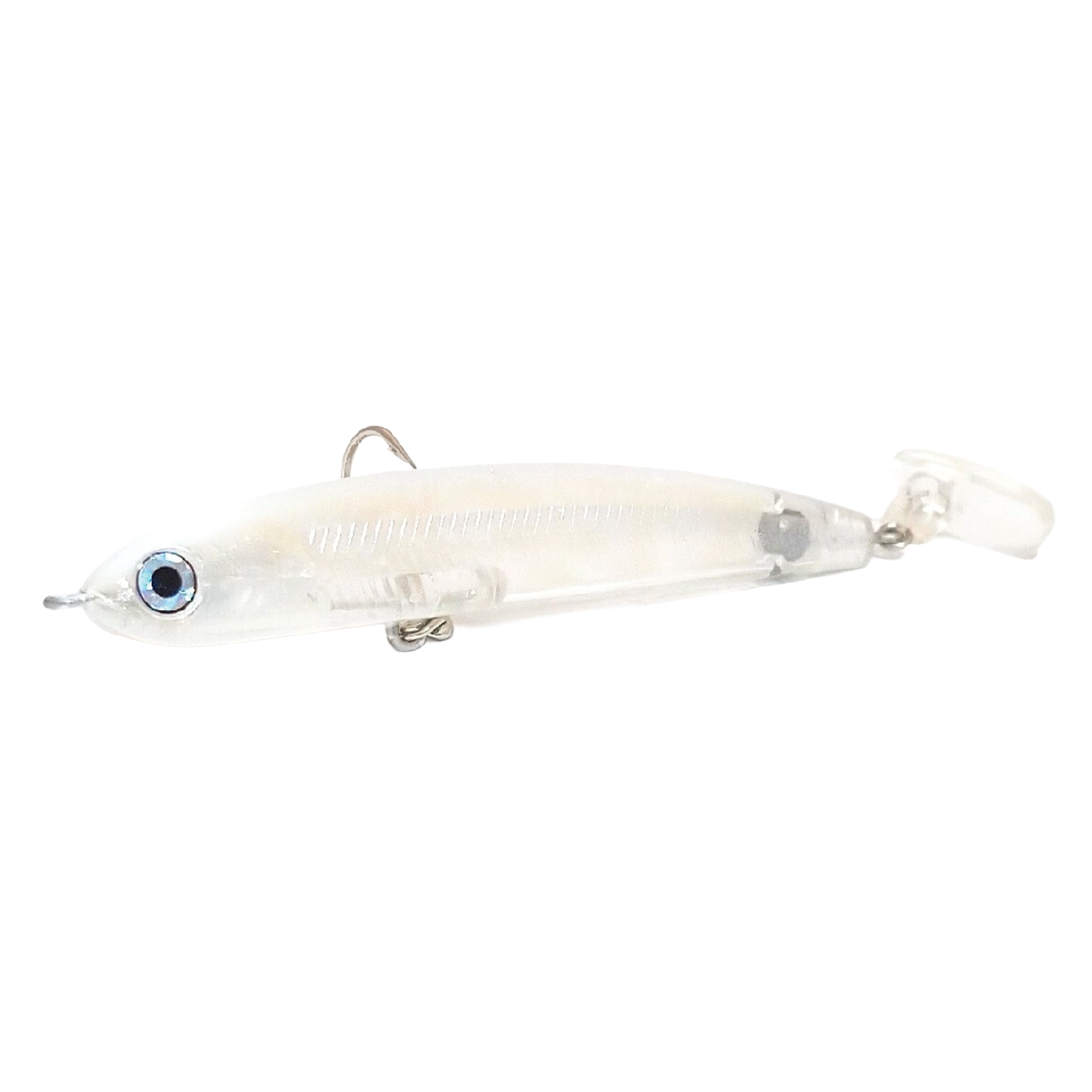 HMKL Baby Tail Jordan 65 fishing lure in translucent pearl color with realistic blue eye detail and metal hooks, designed for effective fishing tackle use.