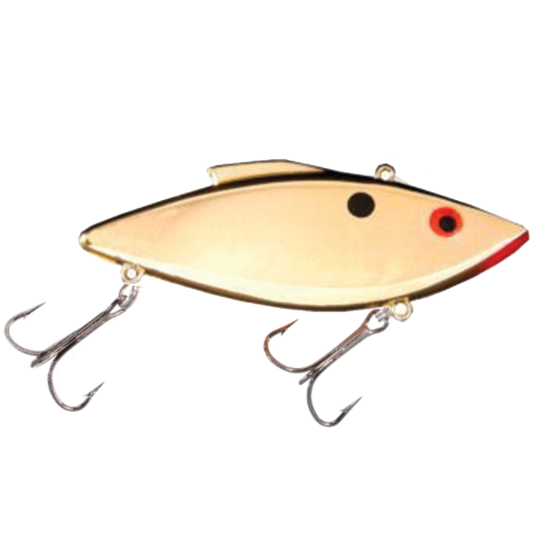 Bill Lewis Rat-L-Trap - Magnum Force gold-colored fishing lure with two sharp treble hooks, designed for freshwater fishing and musky tackle enthusiasts.