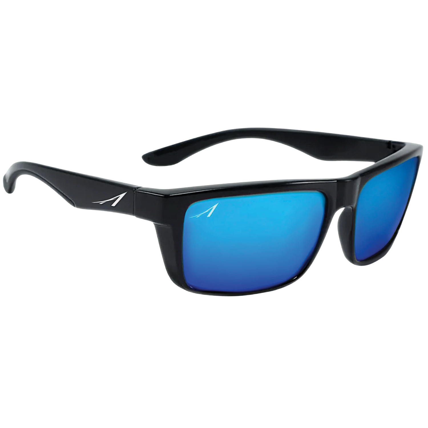Alexander Sunglasses with black frames and blue mirrored lenses, designed for outdoor use including fishing and marine activities.