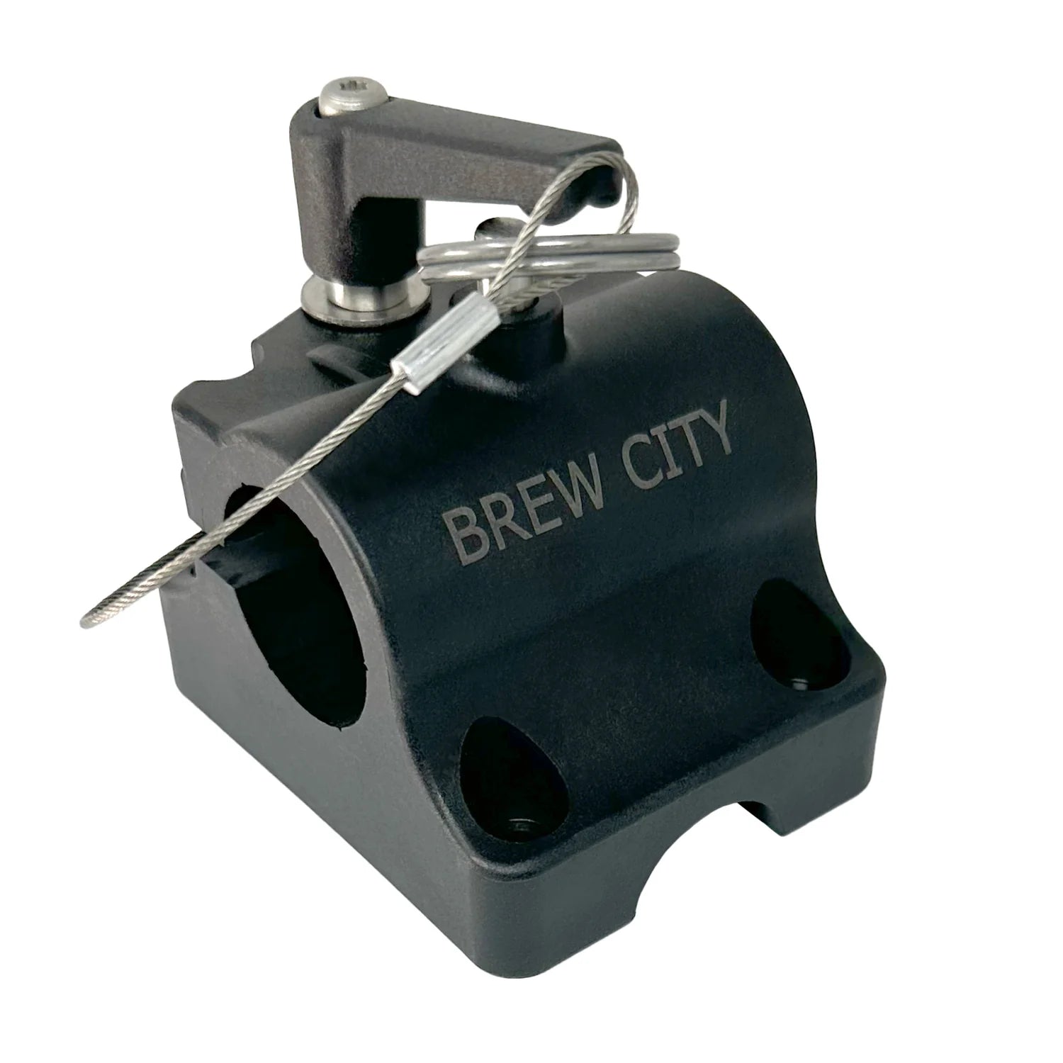 Black sturdy fishing rod mounting base with engraved "BREW CITY" text, featuring secure locking lever and attached safety cable, Brew City Base Only PN:1005.
