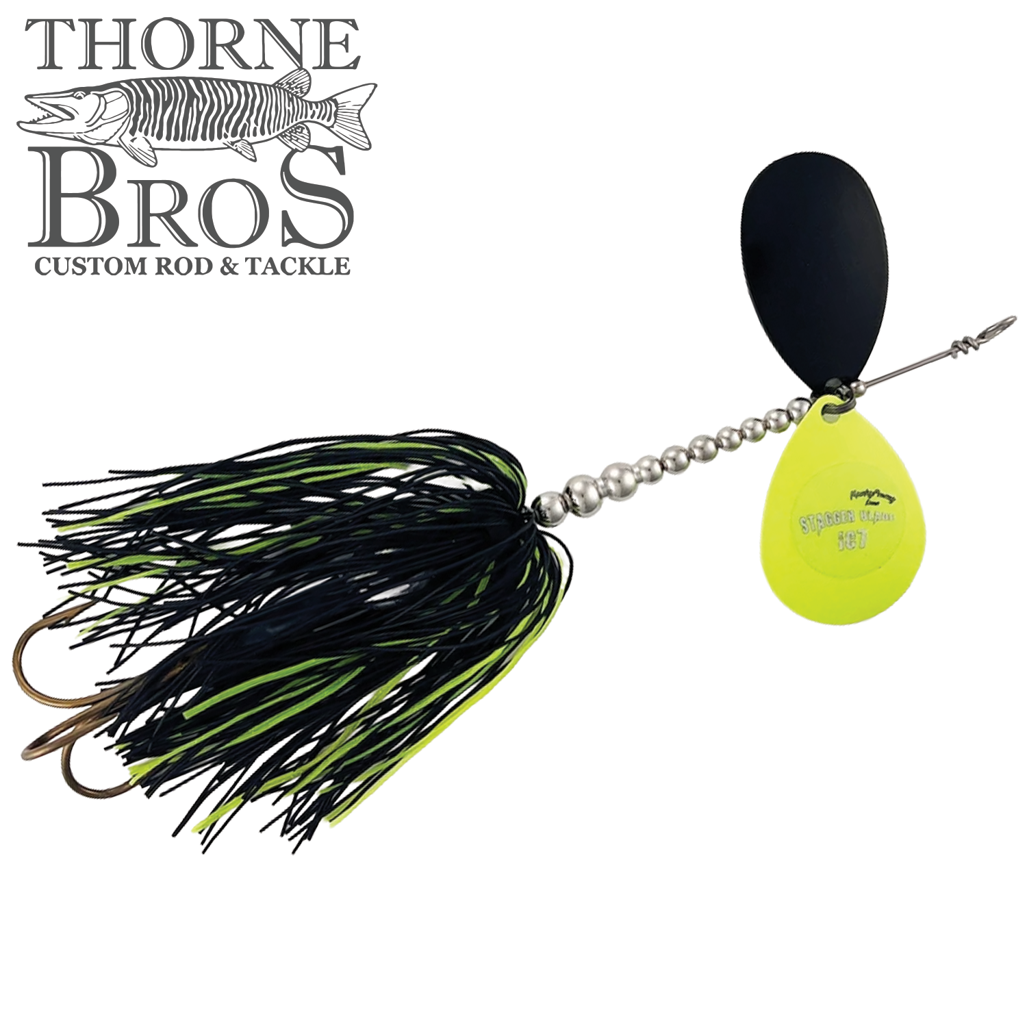 Musky Frenzy Apache Stag IC7 fishing lure with black and chartreuse skirt, silver beads, and two spinner blades, designed for musky fishing and available at Thorne Bros.