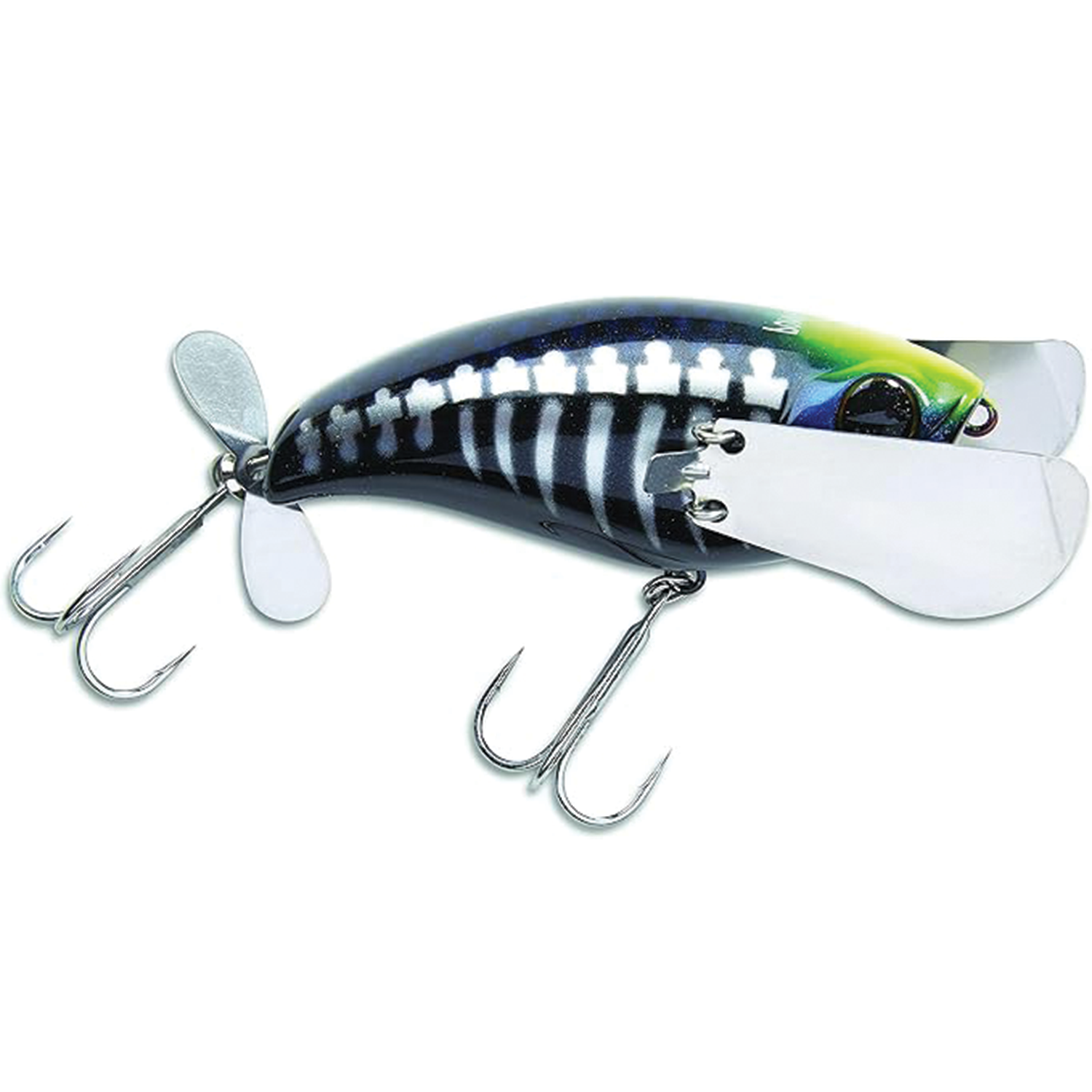 Jackall Pompadour fishing lure with a curved body, detailed blue and green fish-scale pattern, two treble hooks, and a rear metal propeller for water disturbance.