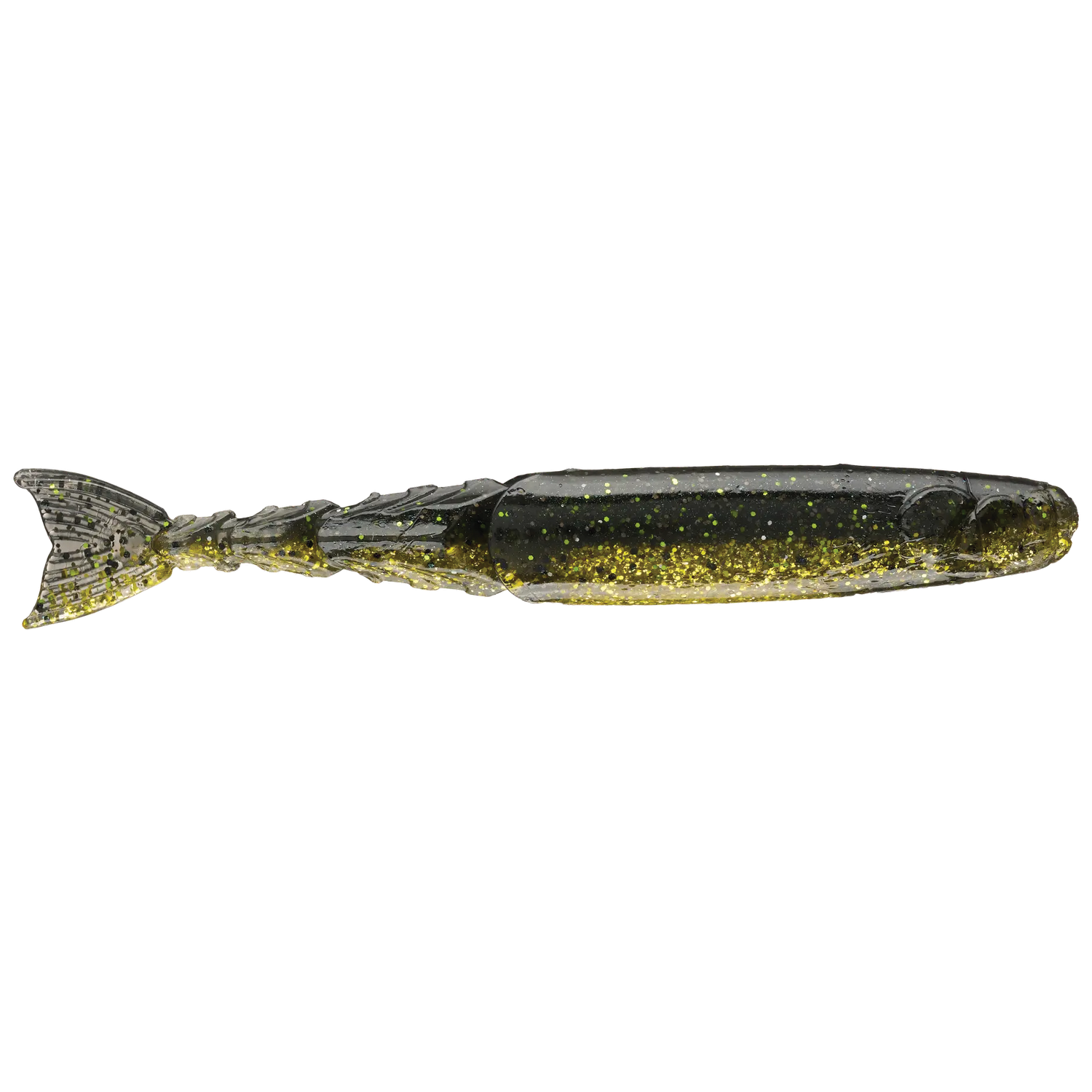 Z-Man Chattershad fishing lure in black and green with glitter accents, designed for realistic movement to attract musky and other game fish.