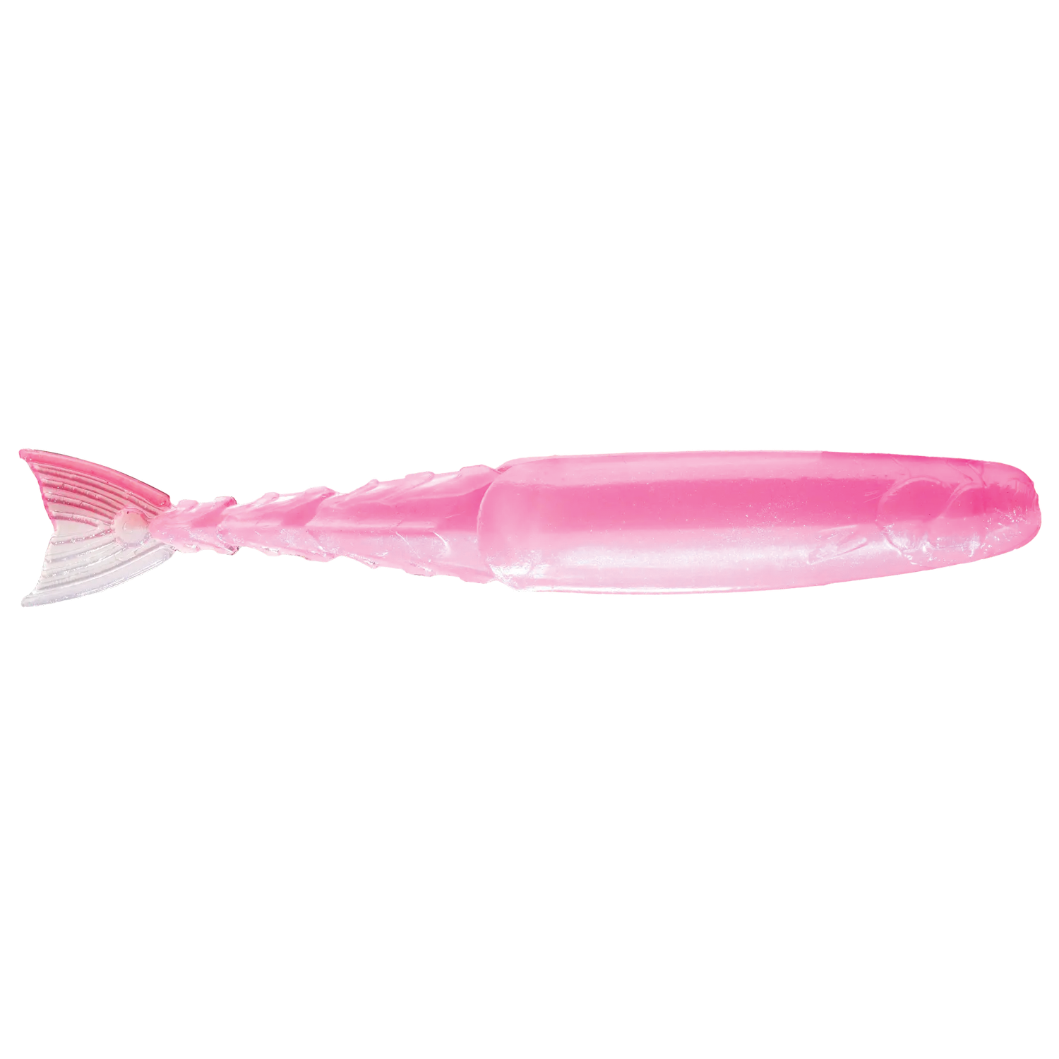 Pink and translucent soft plastic fishing lure shaped like a small baitfish with a segmented body and paddle tail, Z-Man Chattershad designed for fishing tackle.