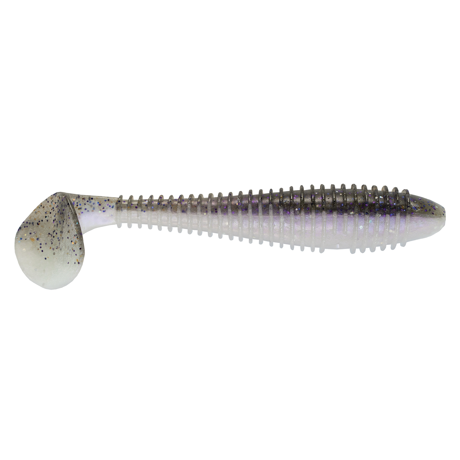 Keitech Fat Swing Impact 3.3" soft plastic fishing lure in translucent body with purple and black specks, designed for lifelike swimming action in fishing tackle.