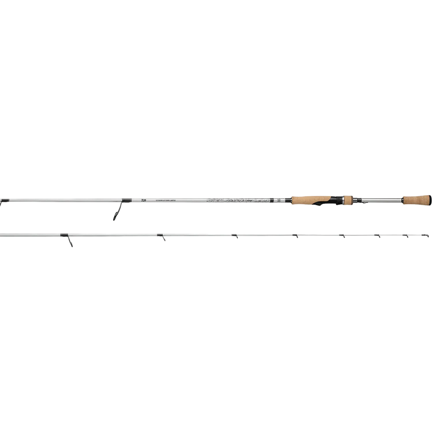 Daiwa Tatula US - Spinning (60th Anniversary Limited Edition) fishing rod featuring a sleek silver finish, multiple line guides, and a comfortable cork handle designed for precision and durability.