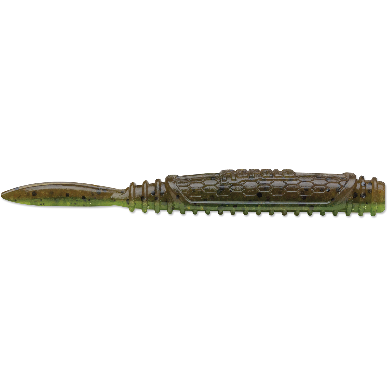 Rapala CrushCity Salted Ned Roll soft plastic fishing lure in green and brown tones featuring textured body and slender tail designed for freshwater fishing tackle.