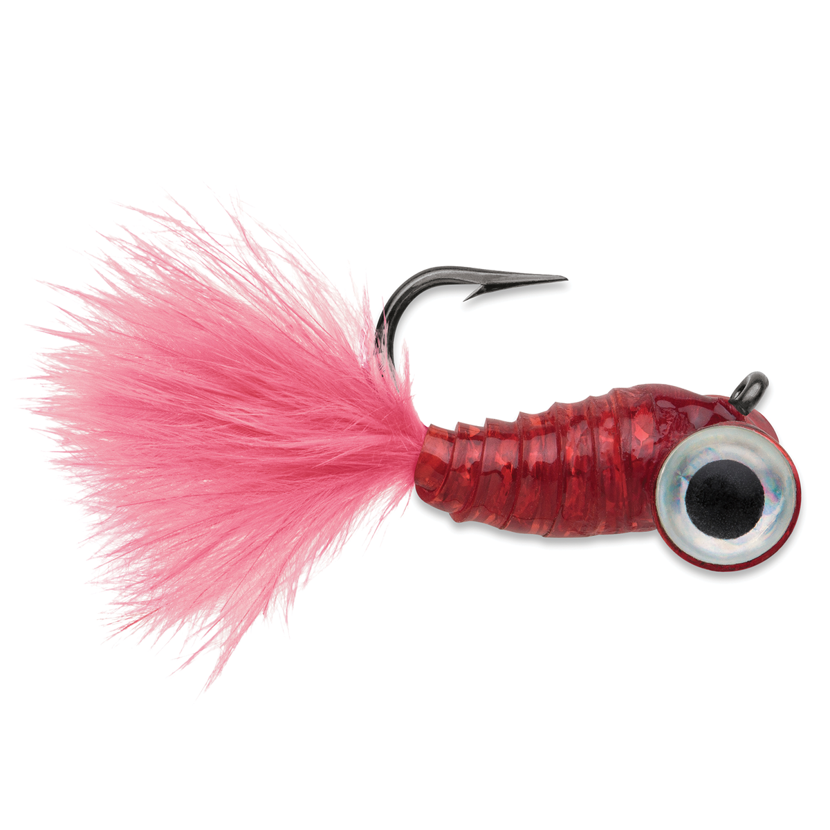 VMC Tungsten Gym Jig featuring a red ribbed body oversized eye and vibrant pink feather tail for enticing fish with lifelike movement