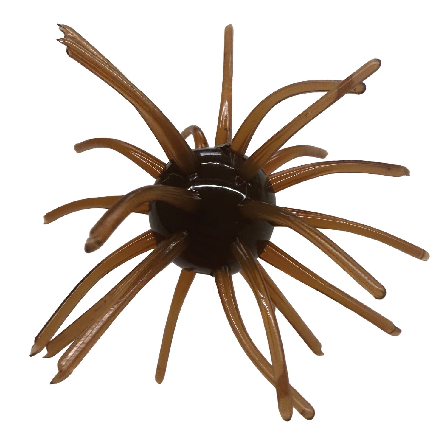 Randamu Lures Fuzzy Ball Mini fishing lure with flexible brown rubber strands radiating from a central dark brown core, designed to mimic underwater prey.