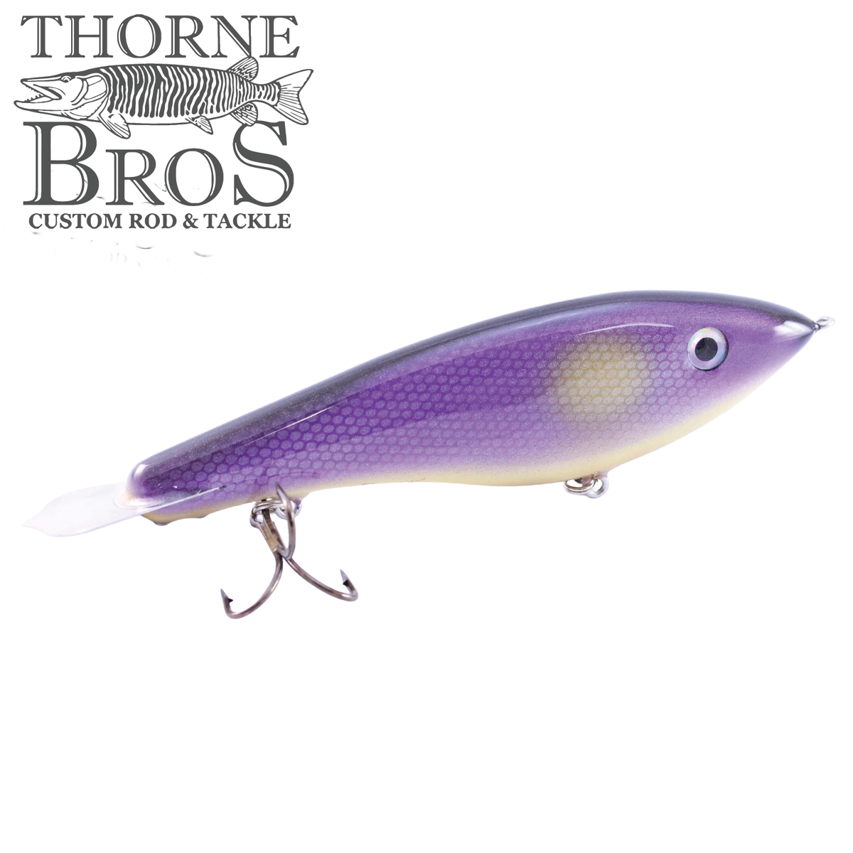 Bitten Warlock - MAG. purple musky fishing lure with fish scale pattern realistic eye and treble hooks from Thorne Bros for freshwater fishing