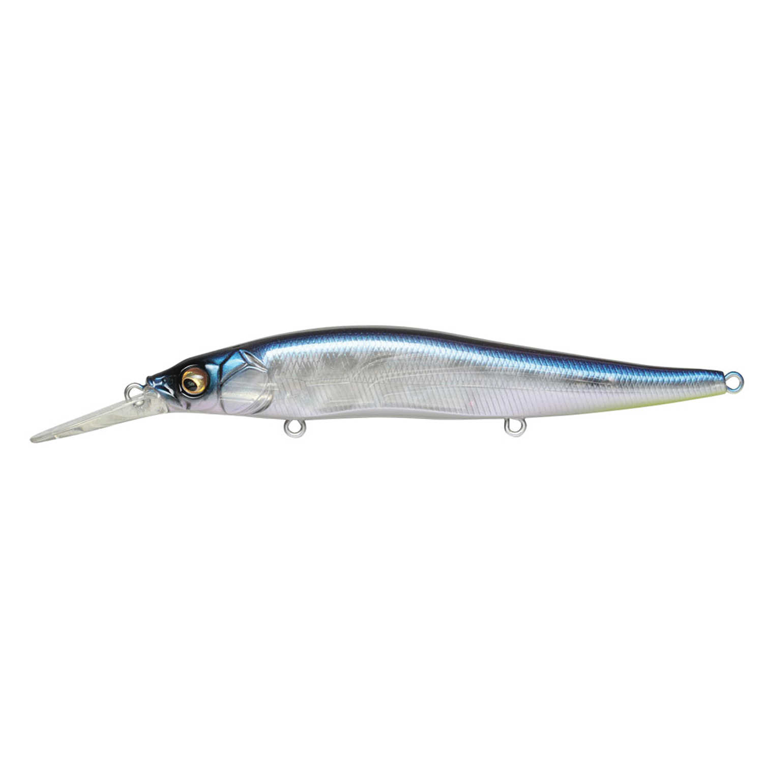 Megabass Vision 110+1 fishing lure with a sleek, elongated body, realistic blue and silver scale pattern, and clear diving lip designed for precise water navigation.