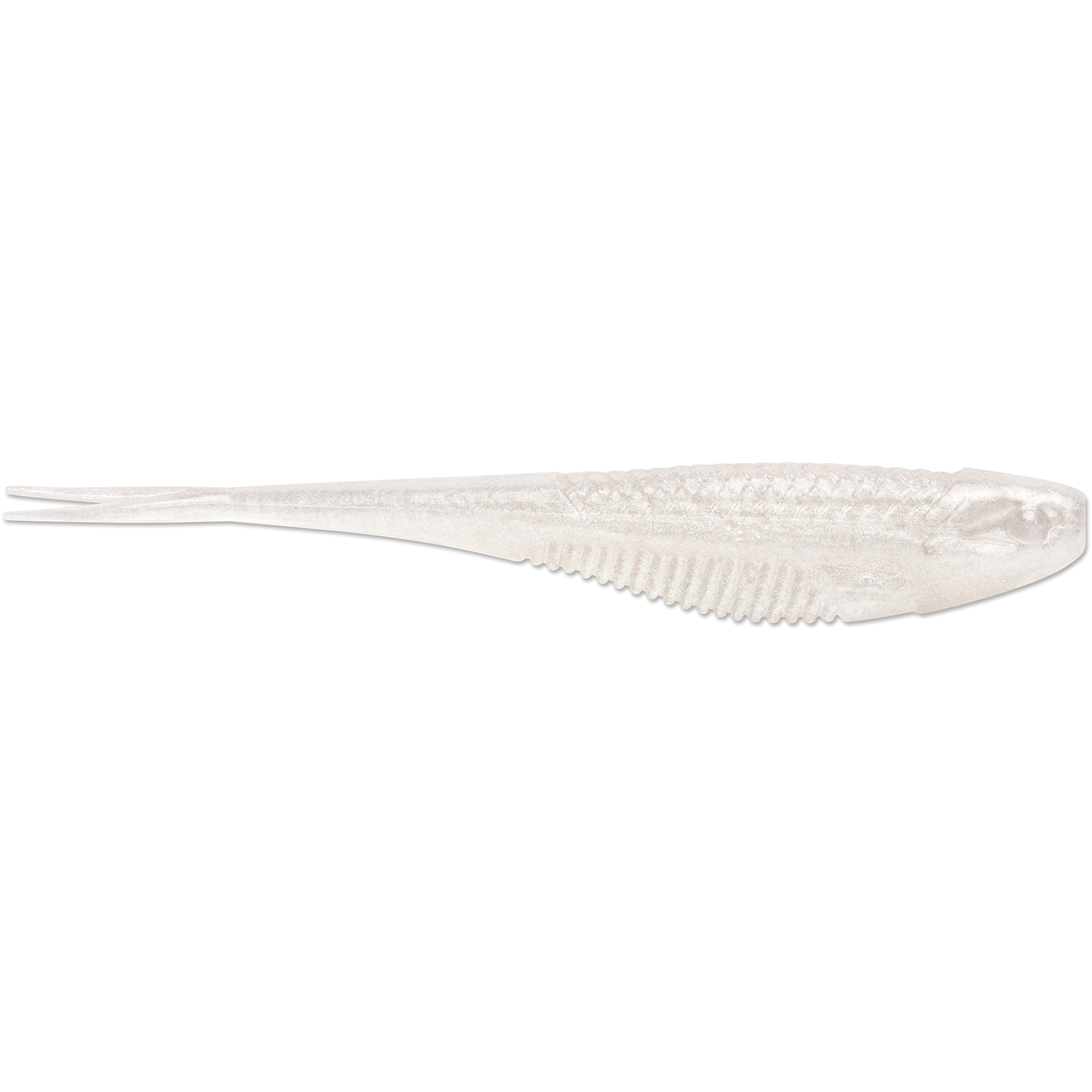 Rapala CrushCity The Jerk soft plastic fishing lure in translucent pearl color, designed with textured body and forked tail for lifelike movement in water.