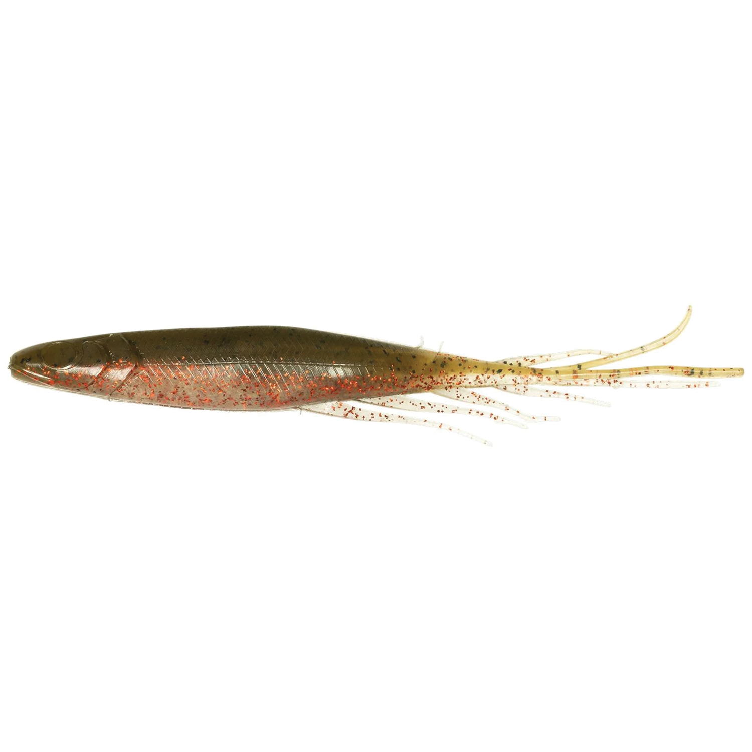 Hideup Judy Fish 5.2" soft plastic fishing lure in brown with red and gold flecks, featuring multiple thin appendages designed to mimic prey for musky and freshwater fishing.