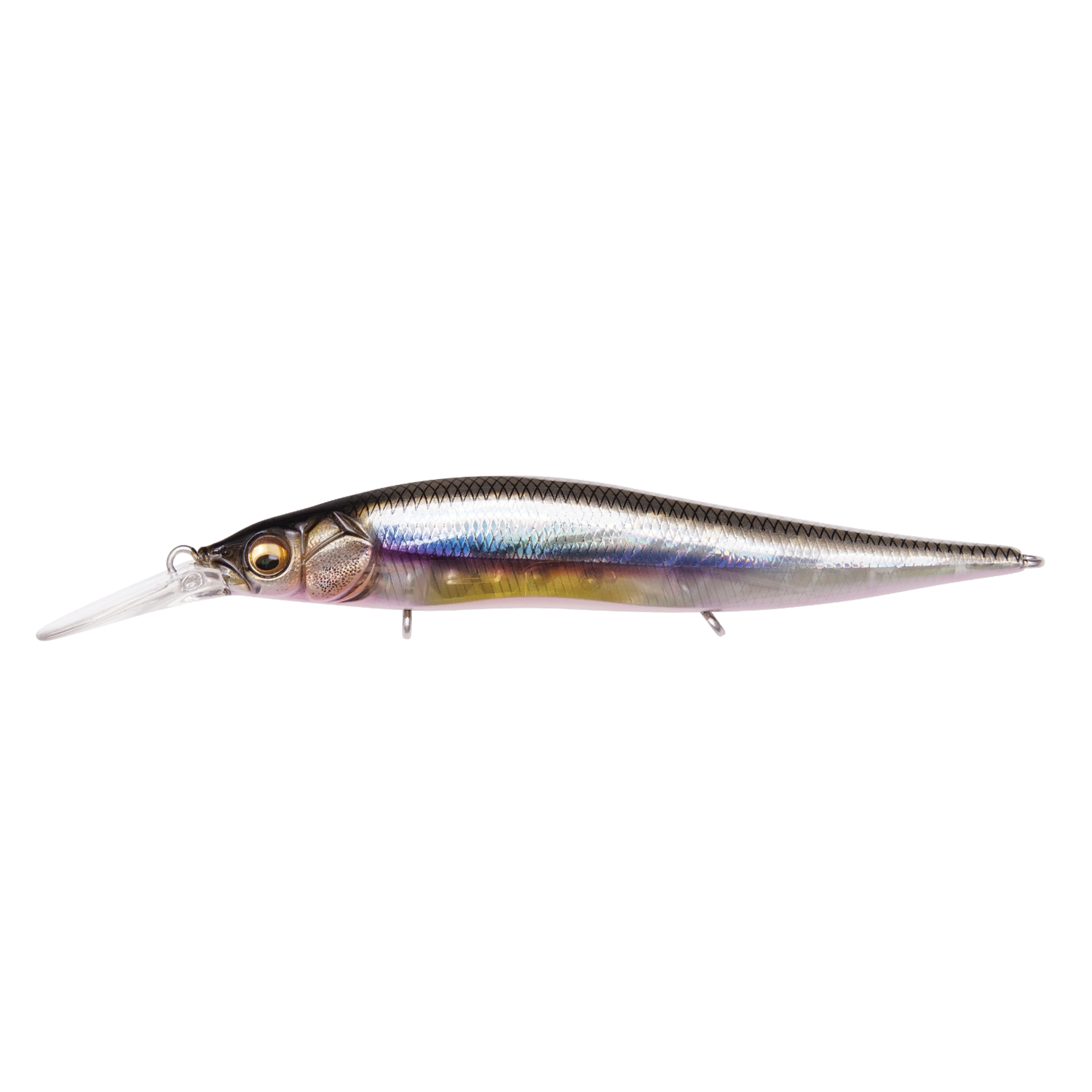 Megabass Vision 110+1 Jr. fishing lure with a sleek, realistic fish design featuring silver, blue, and yellow tones, equipped with a clear diving lip for underwater action.
