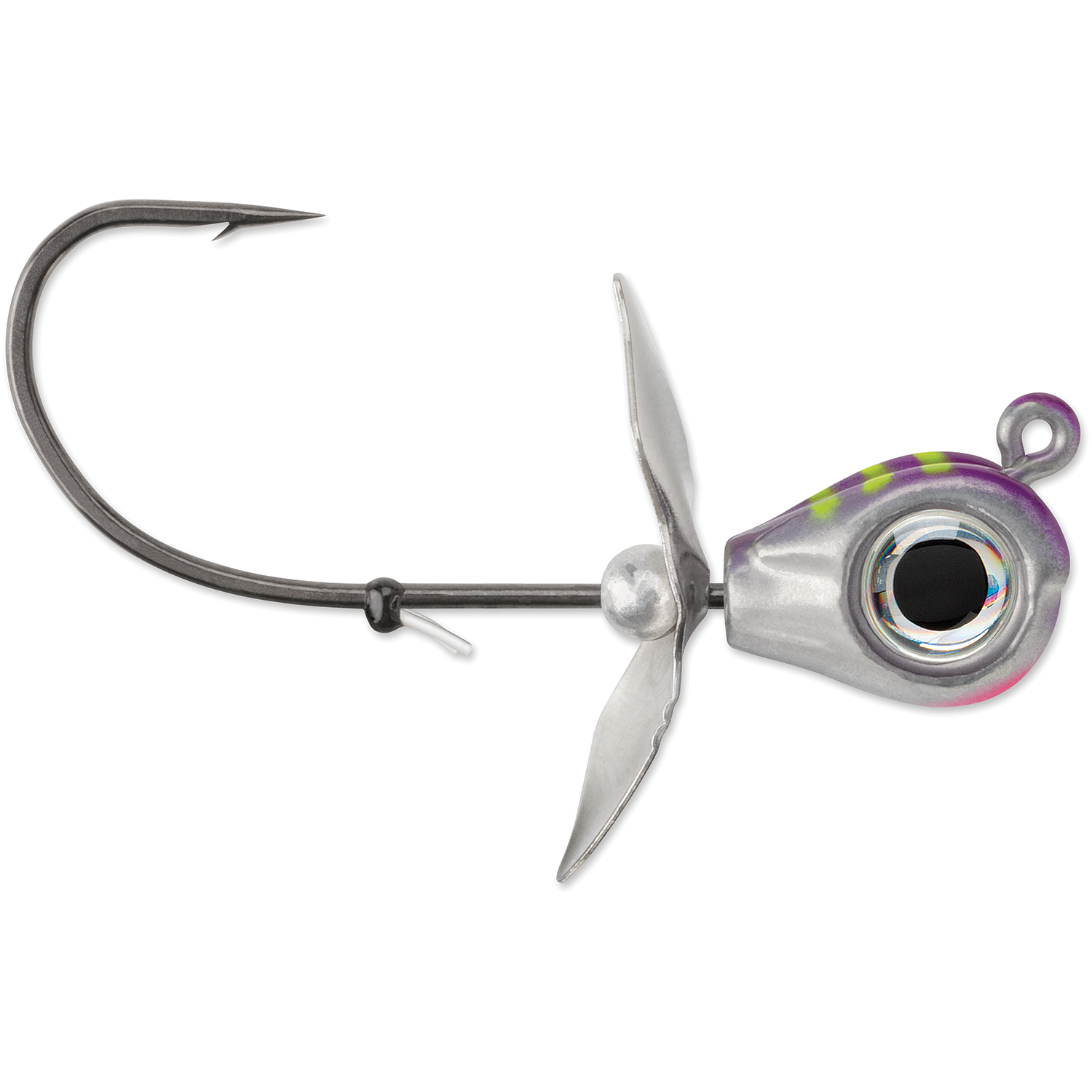 VMC Snitch Jig fishing lure featuring a sharp single hook, metallic silver head with purple and yellow accents, and two spinning blades for added attraction in fishing tackle.