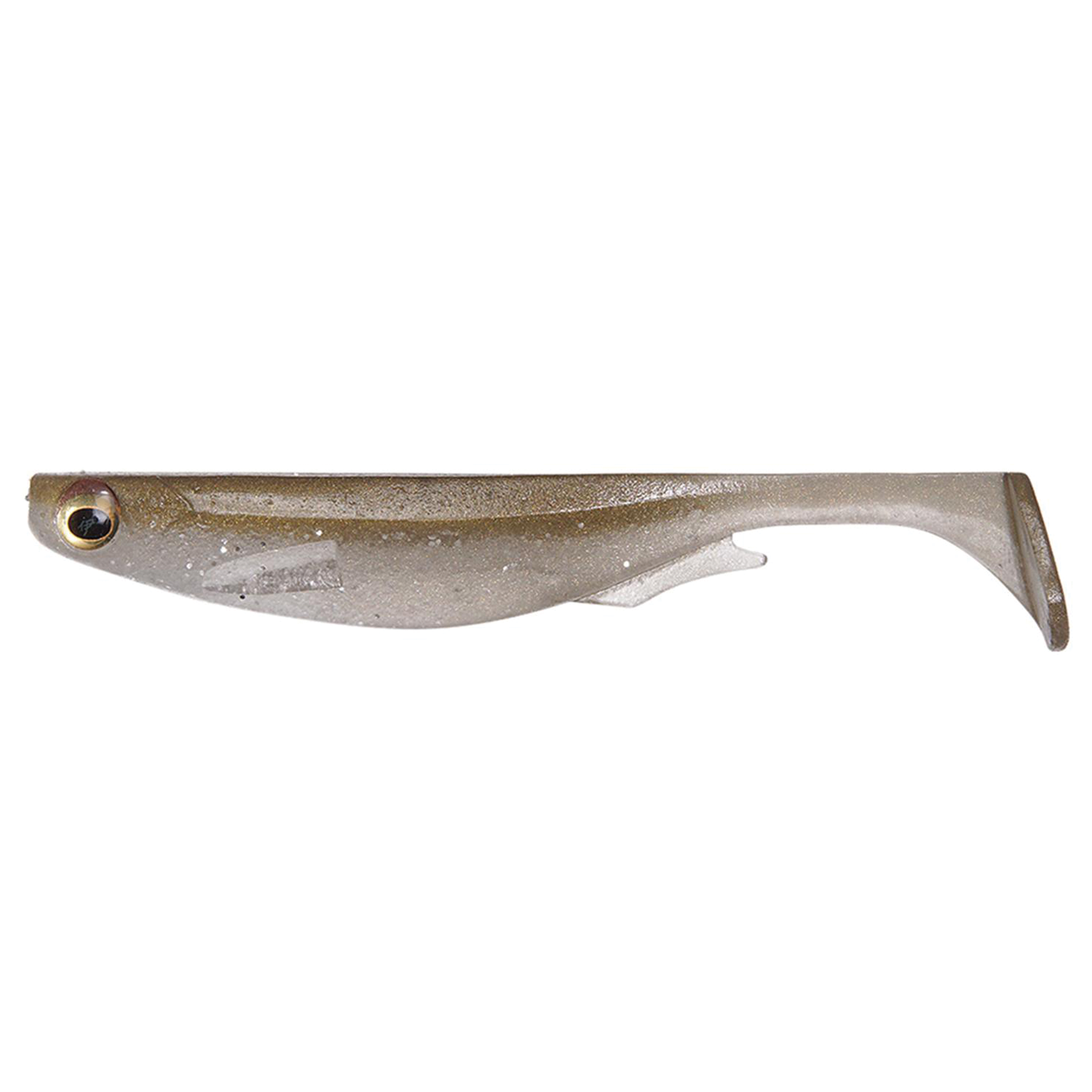Megabass Spark Shad USA soft plastic fishing lure in natural shad coloration, designed for realistic movement to attract musky and other freshwater fish.