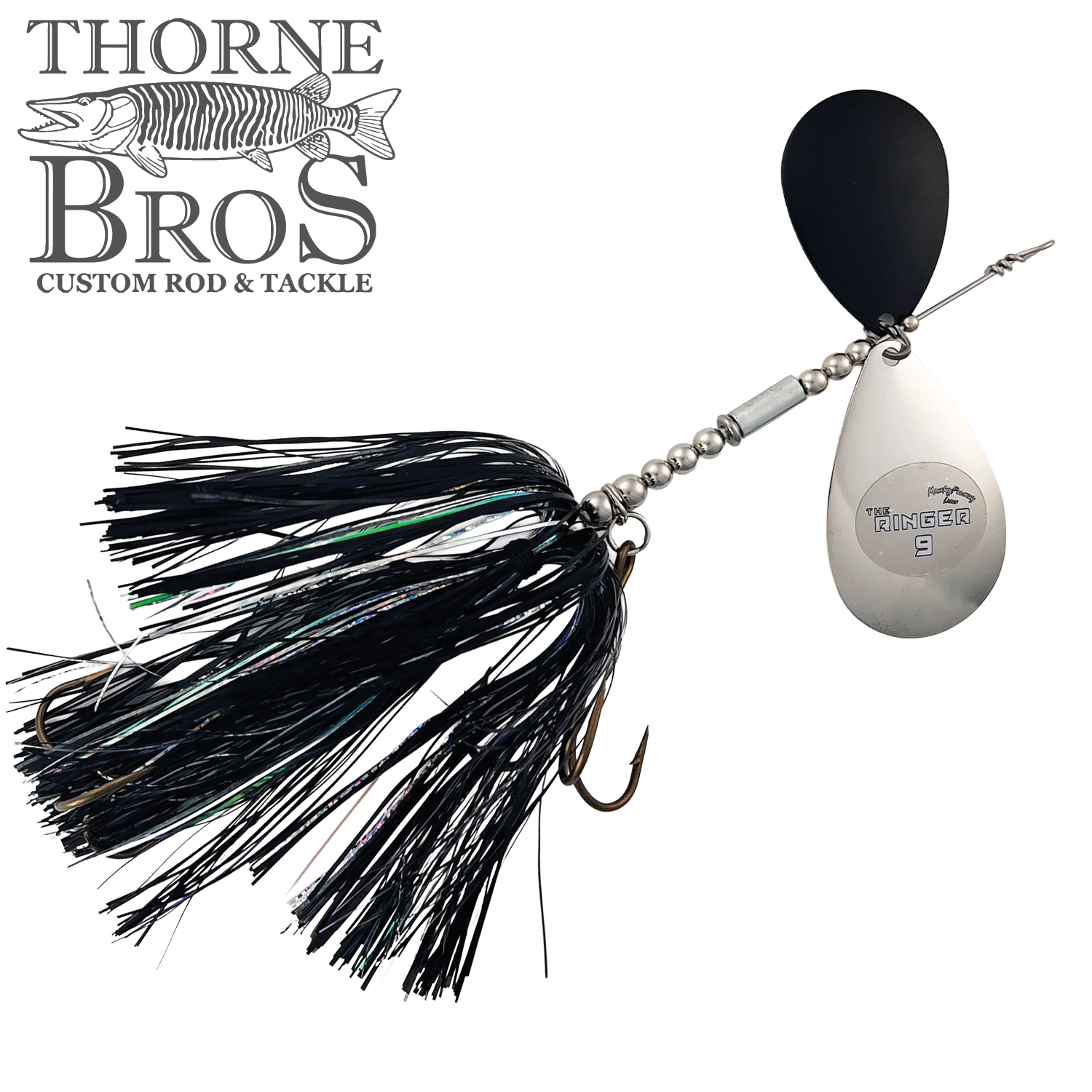 Musky Frenzy The Ringer 9 fishing lure with silver spinner blade, black and iridescent skirt, and double hooks, designed for musky fishing and custom tackle use.