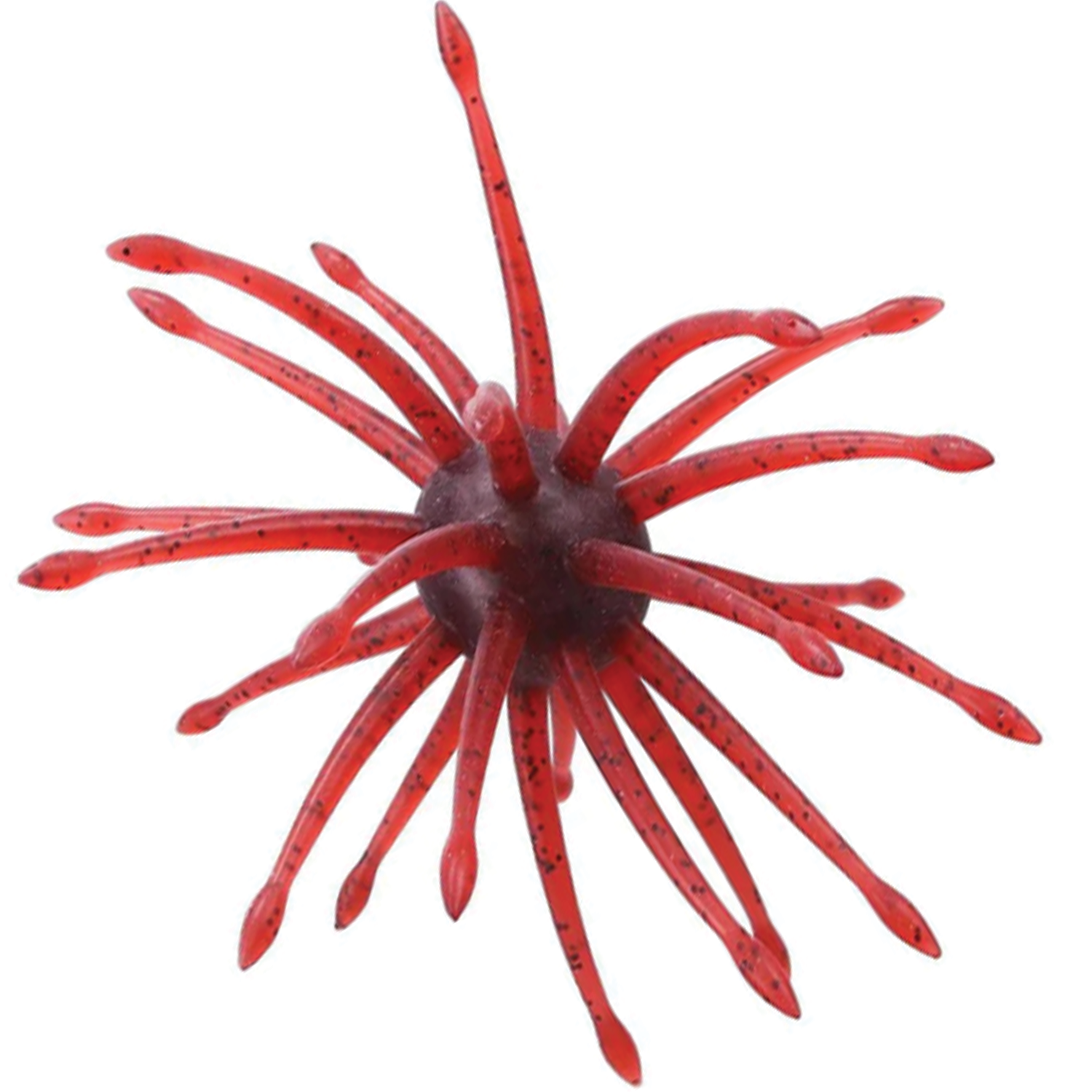 Yamamoto Uni Mas fishing lure with multiple flexible red appendages featuring black speckles, designed to mimic aquatic prey for effective fishing tackle use.