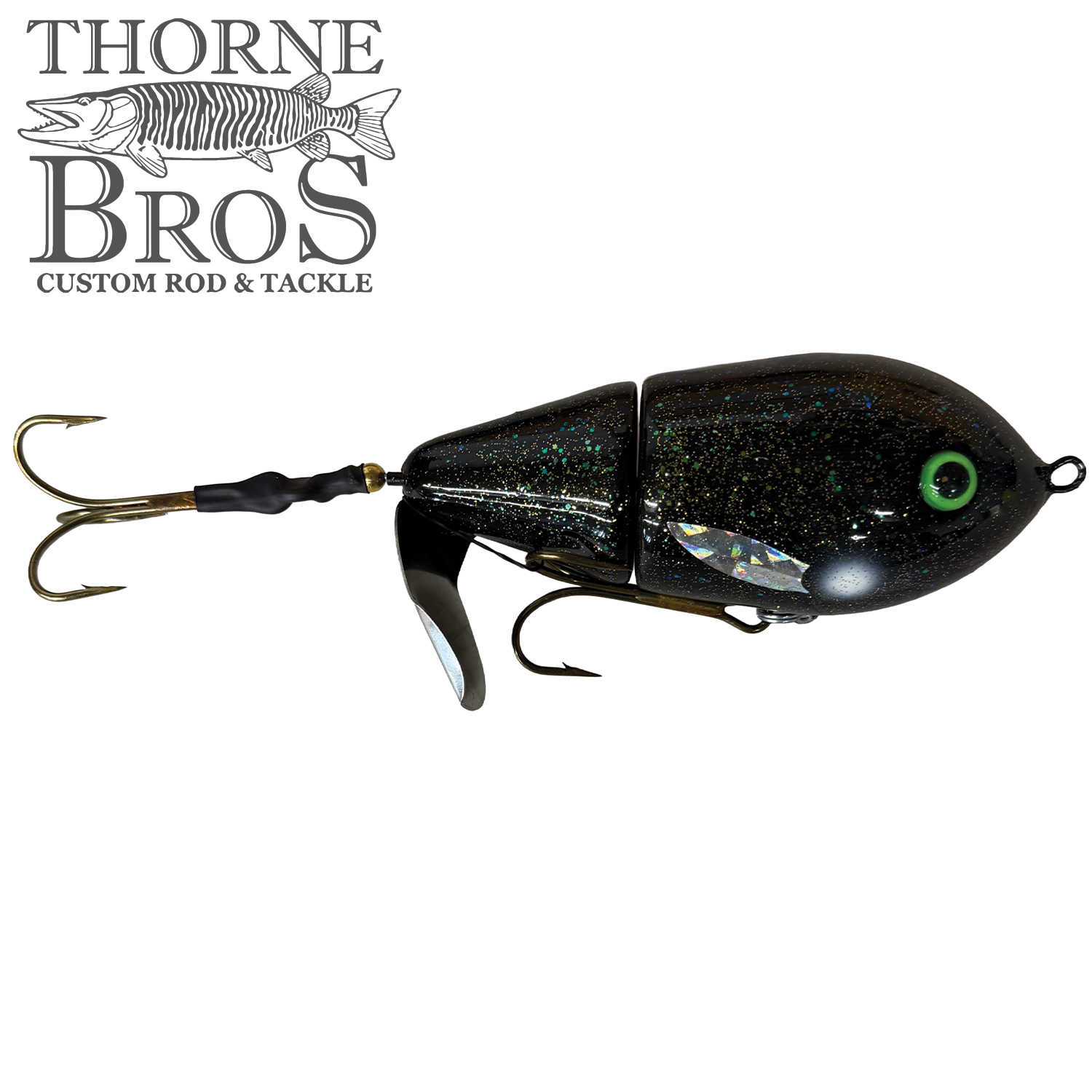 Lake-X Cannonball JR., a jointed black and glittery fishing lure with green eye detail, equipped with two treble hooks and a small metal lip for underwater action.