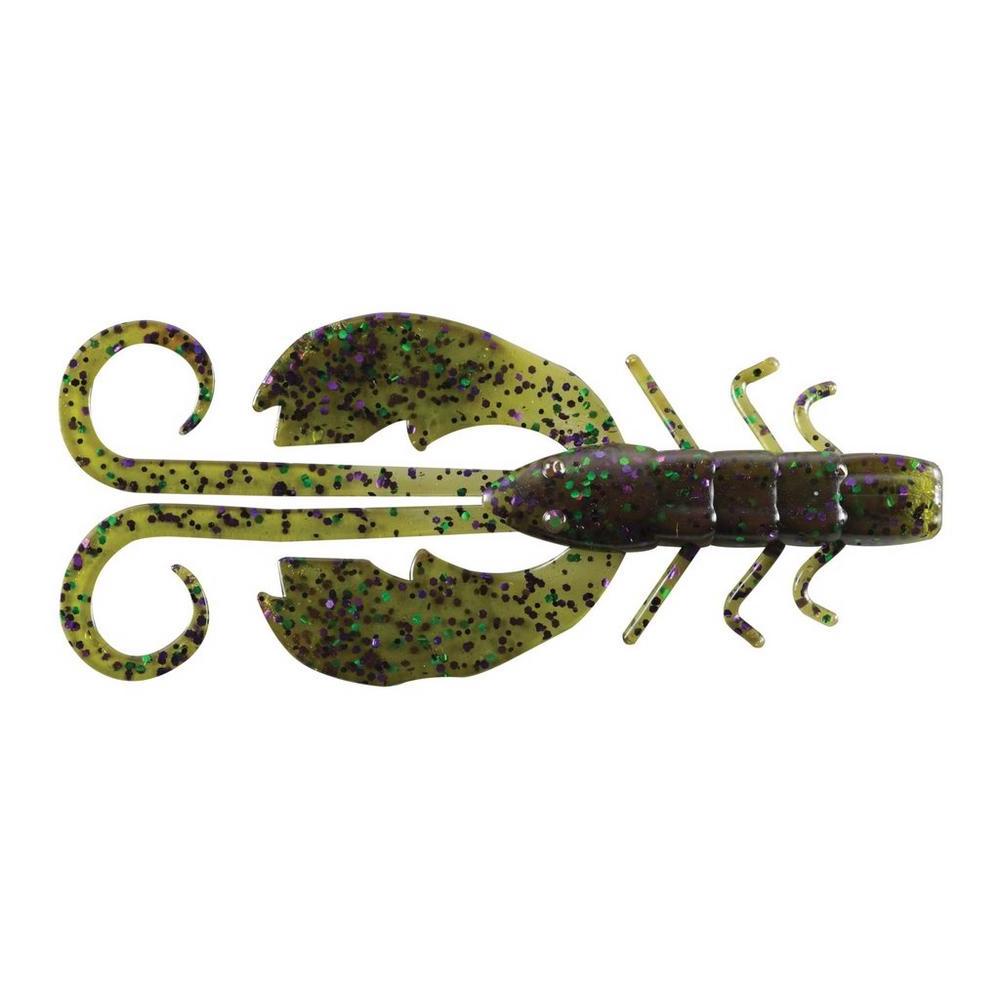 Berkley PowerBait Crazy Leg Chigger Craw soft plastic fishing lure in green with purple and black flecks, designed to imitate a crayfish for effective fishing tackle.