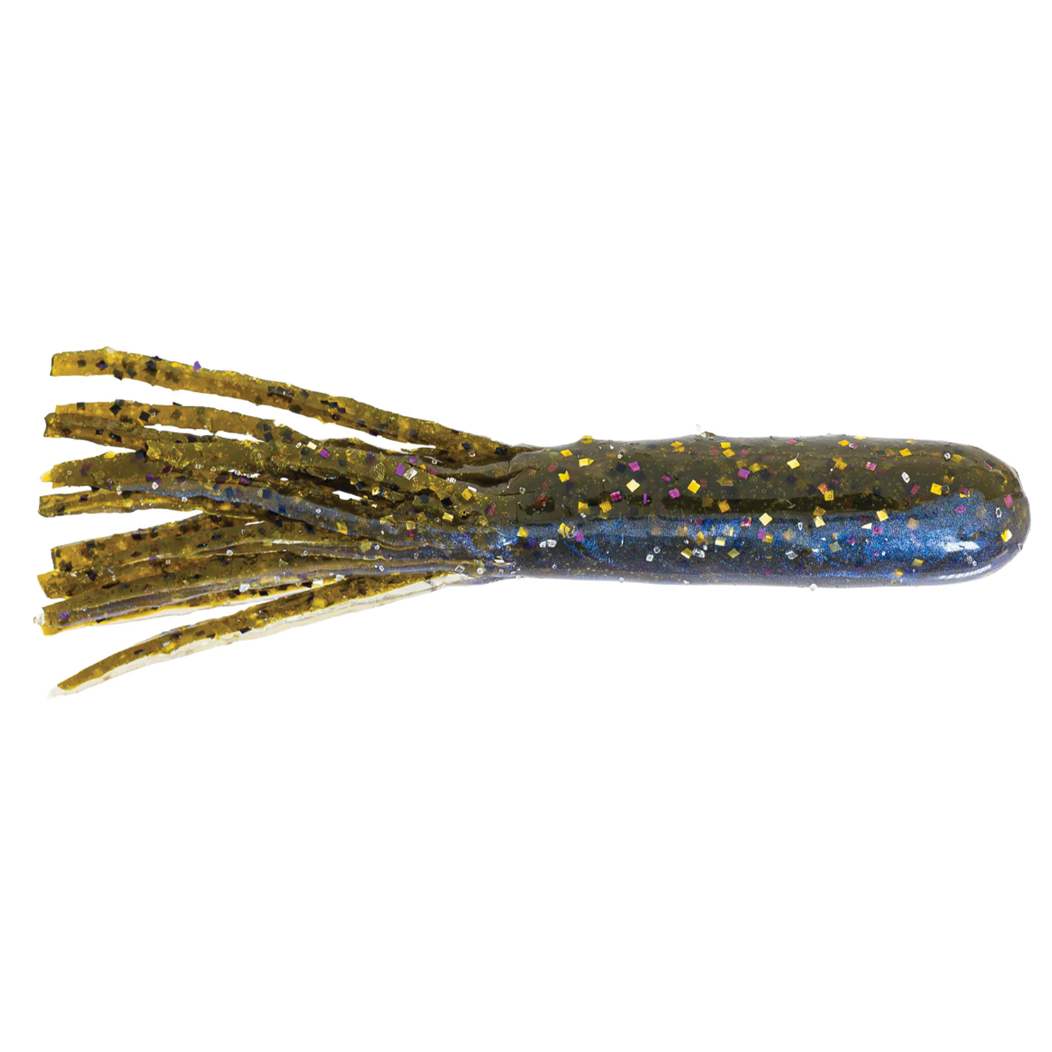 X-Zone X-Tubes soft fishing lure in olive green with multicolored reflective flakes and tail strands designed for enticing musky and freshwater fish.