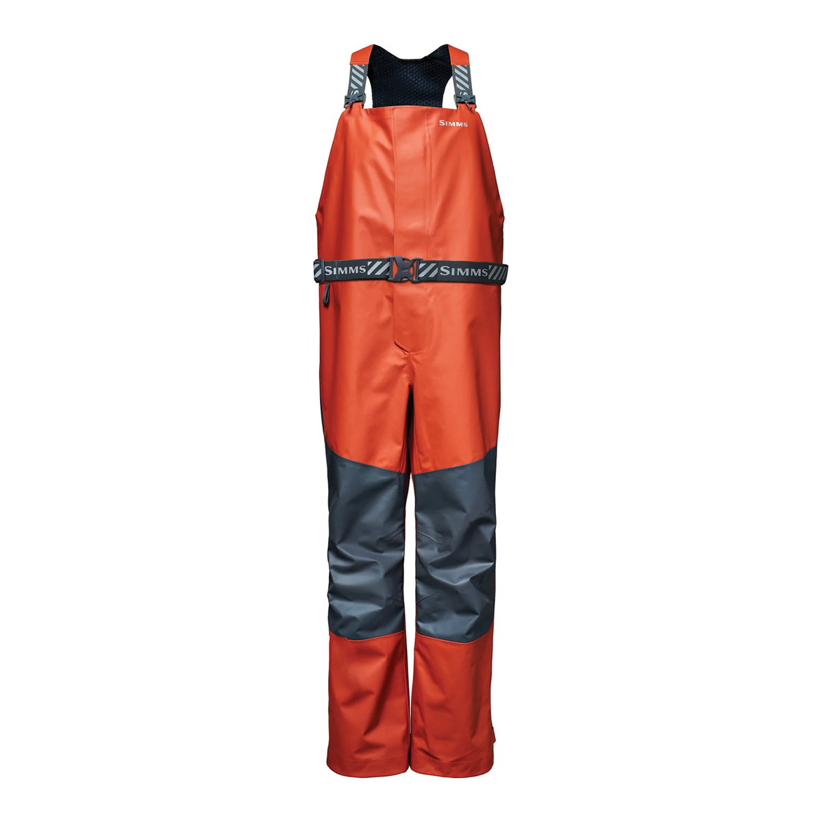 Simms Rip Line Pro Bibs - Men's orange and black fishing bibs with adjustable shoulder straps and reinforced lower legs shown on a white background
