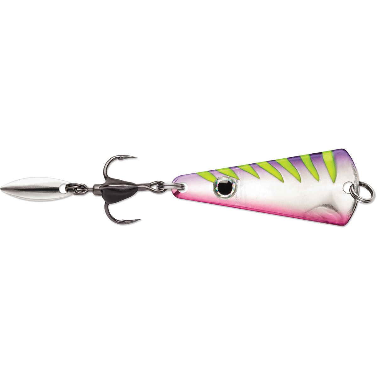 VMC Bladed Tingler Spoon fishing lure with a silver blade pink and silver body green stripes realistic eye and treble hook for musky fishing tackle