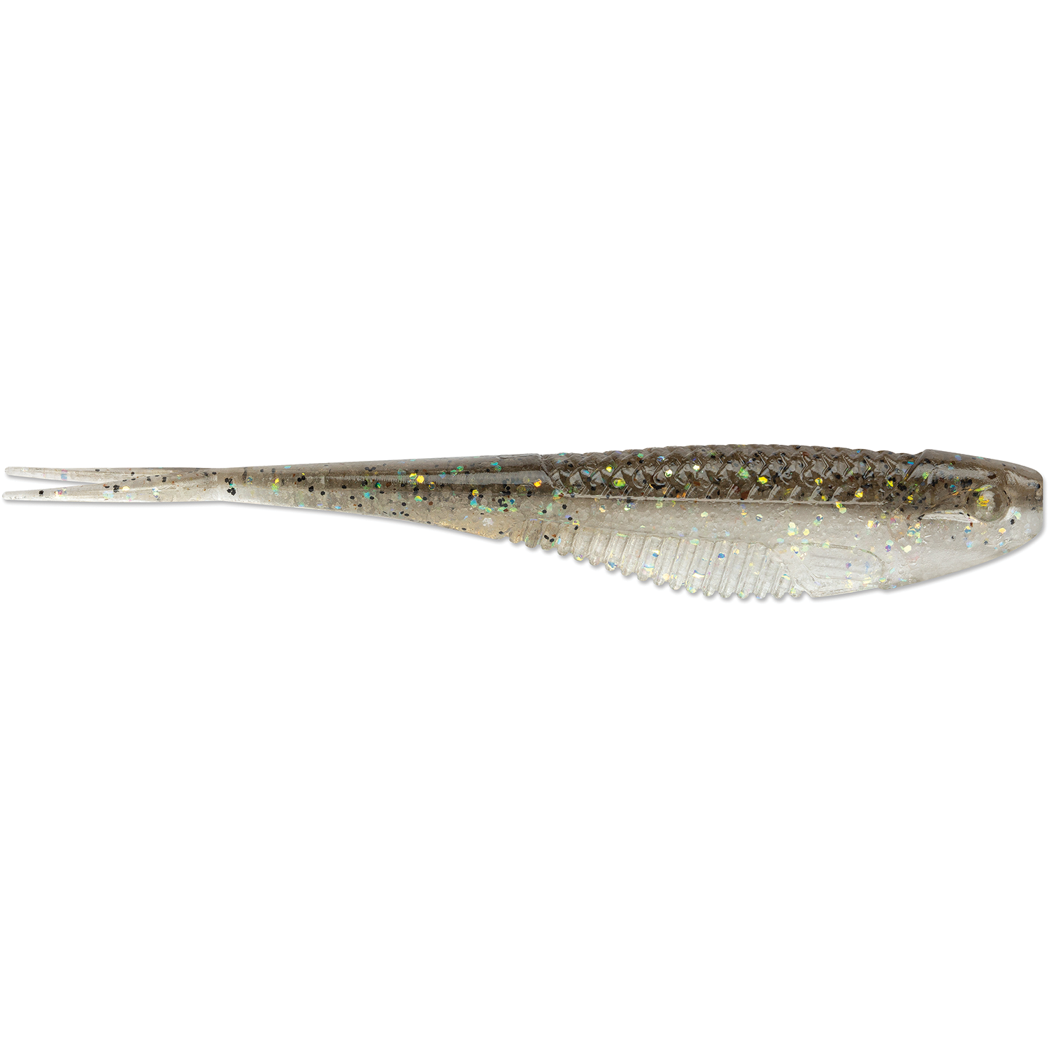Rapala CrushCity The Jerk soft plastic fishing lure in translucent gray with reflective specks, designed to mimic a small baitfish for effective fishing tackle use.