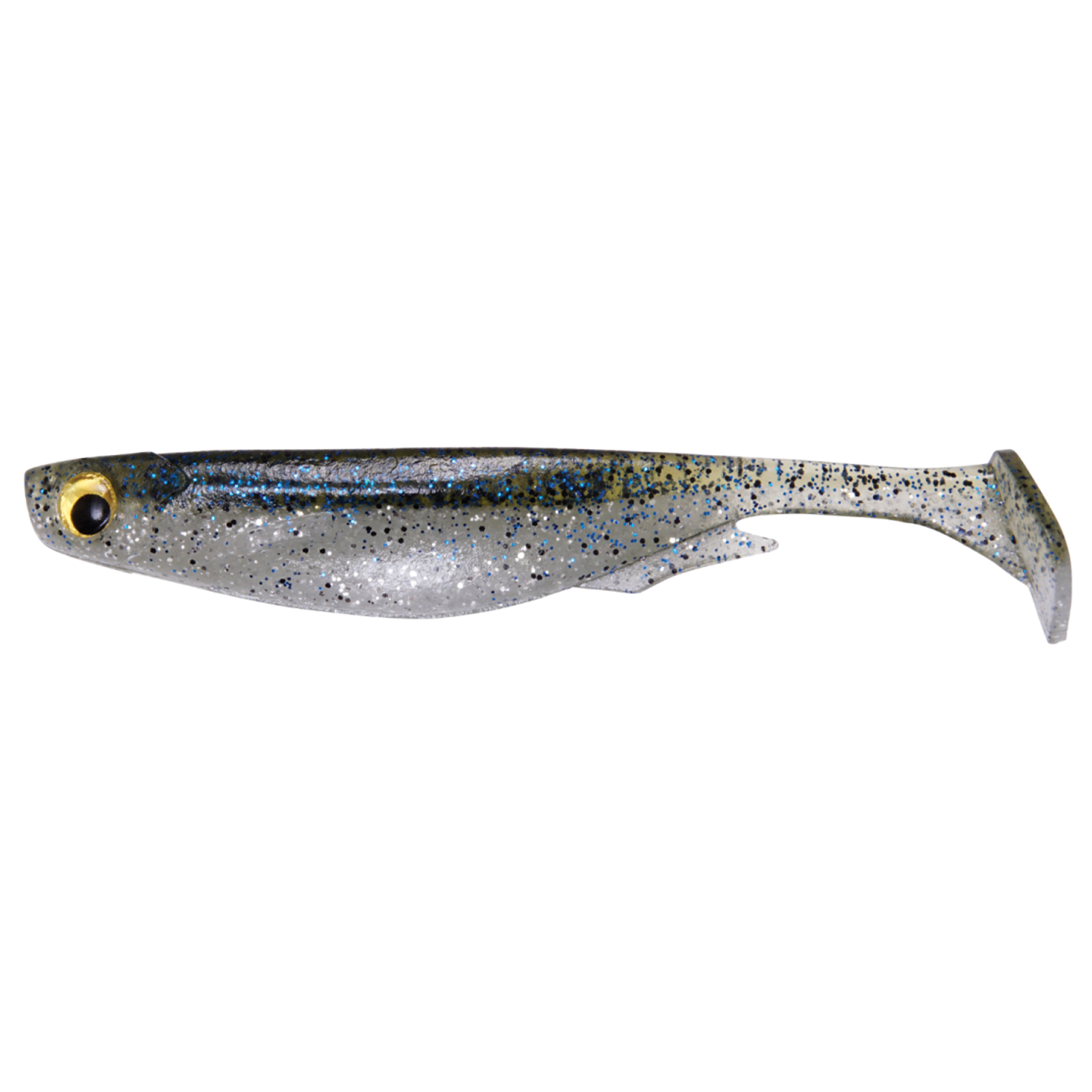 Megabass Spark Shad USA soft plastic fishing lure in silver with black and blue speckles, featuring a paddle tail and realistic yellow eye for effective fishing tackle.