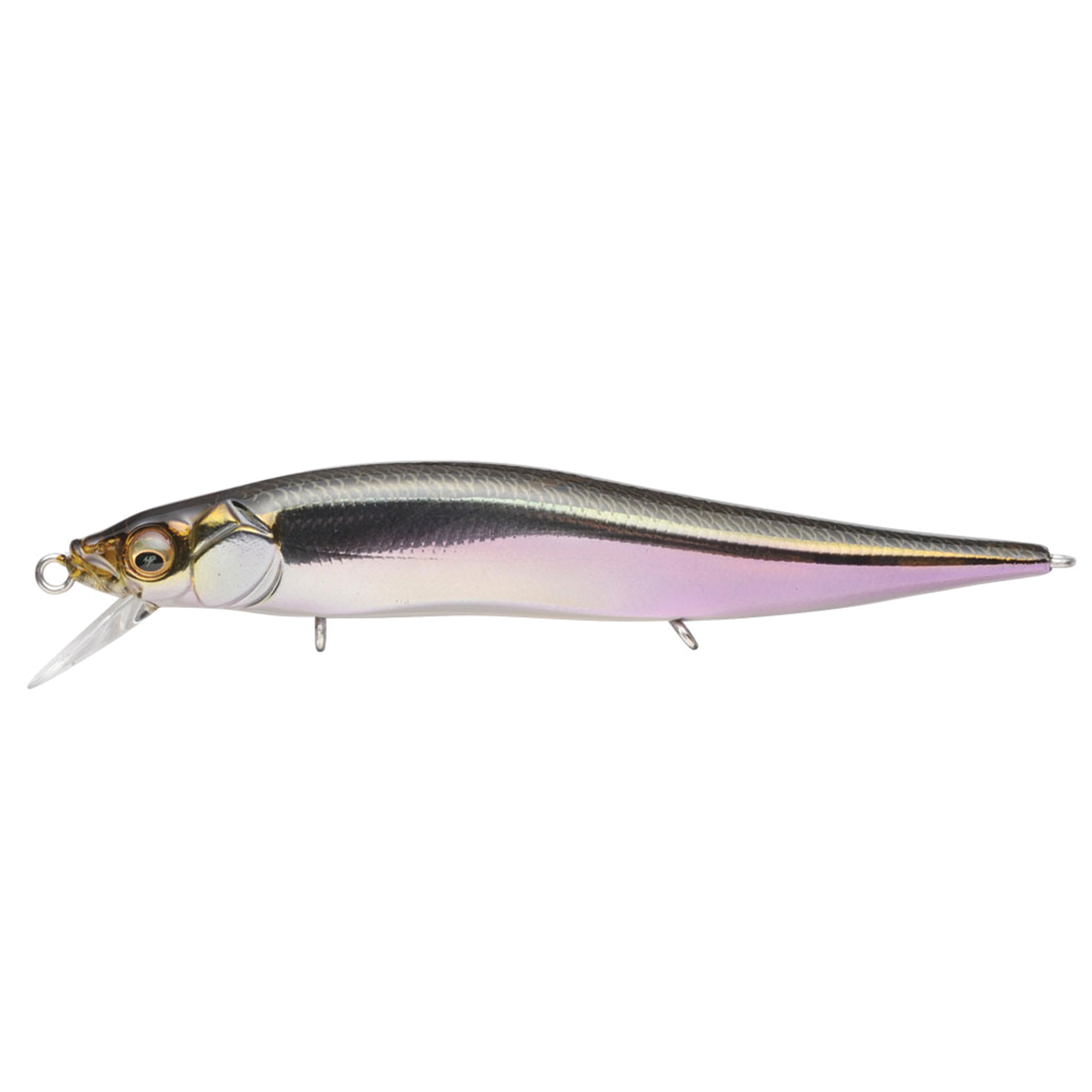 Megabass Vision 110 Jr. fishing lure with a sleek, elongated body featuring a realistic fish scale pattern in silver, black, and subtle pink tones, designed for effective fishing tackle use.
