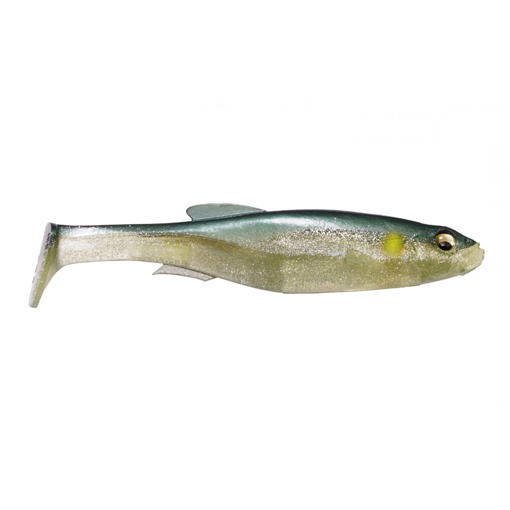 Megabass Magdraft 6" Freestyle soft plastic fishing lure designed to mimic a small baitfish with realistic colors and a paddle tail for lifelike movement in water.
