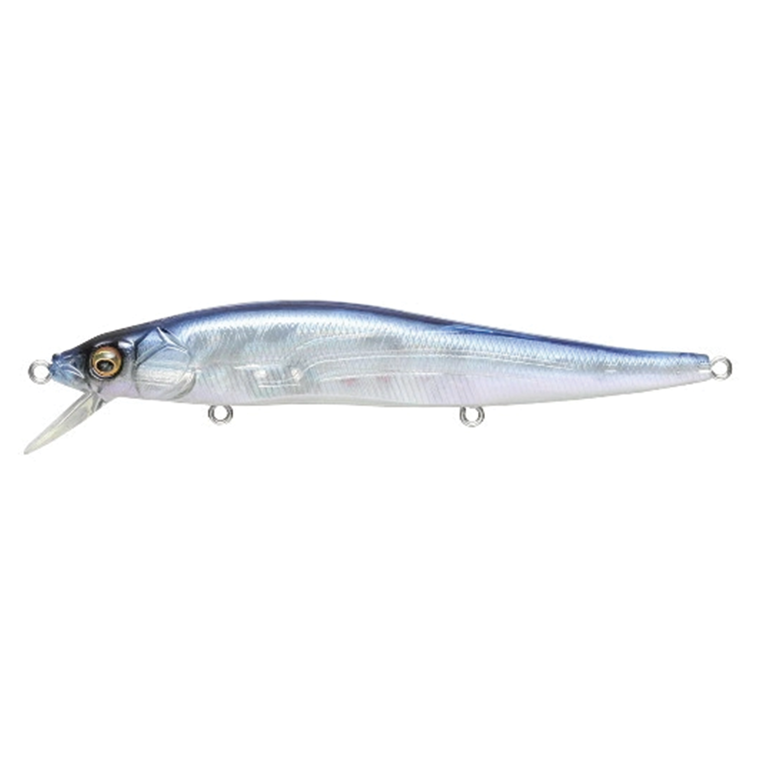 Megabass Vision 110 fishing lure in silver and blue tones designed to mimic a small baitfish, featuring a clear diving lip and multiple attachment points for hooks.