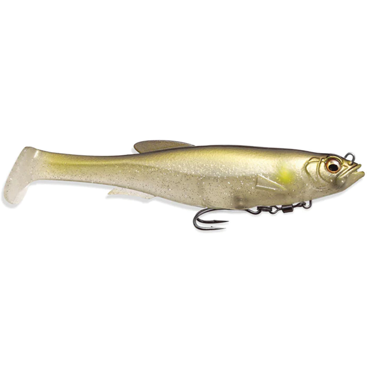 Megabass Magdraft soft fishing lure in a natural fish color with a paddle tail and realistic eyes, designed for effective fishing tackle use targeting musky and other game fish.