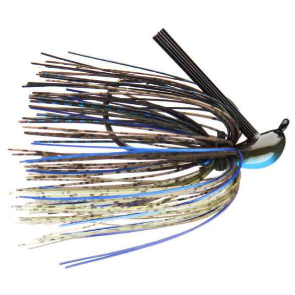 Dirty Jigs Tour Level Pitchin' Jig with weighted head and multi-colored silicone skirt featuring shades of blue, black, and white designed for fishing tackle applications.